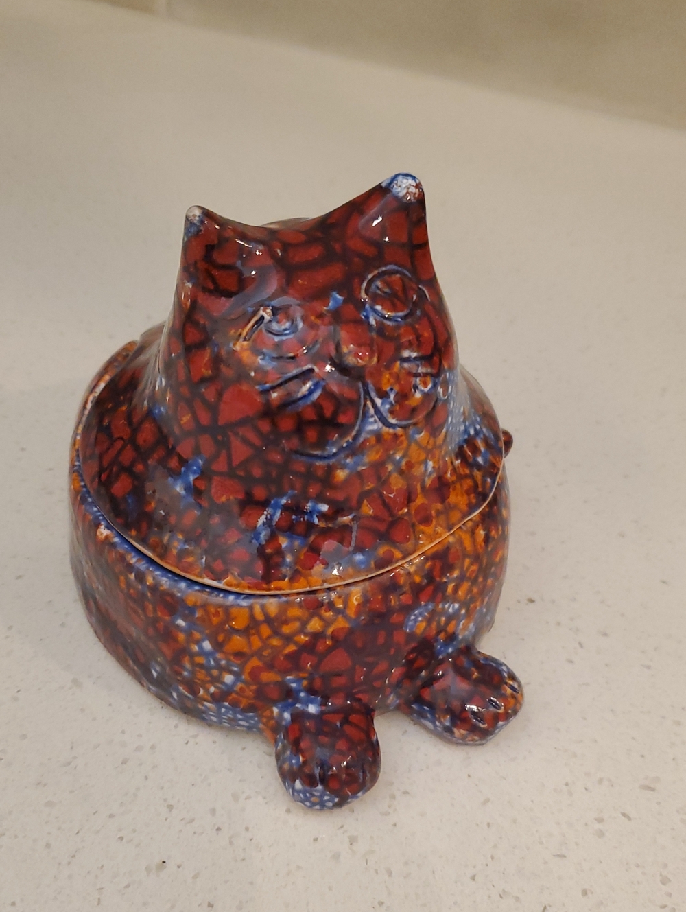 Whimsical Cat Trinket Box Earthenware Ceramic Signed High Gloss Finish